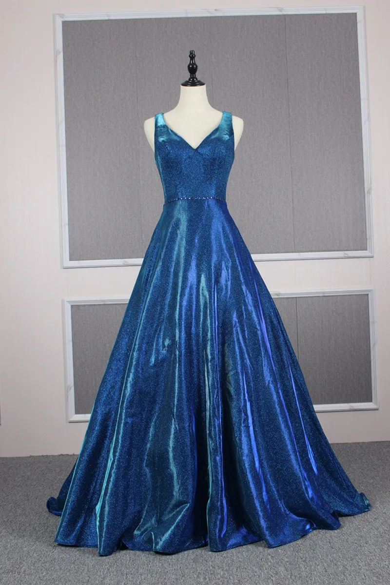 Blue Sparkly New Evening Gown Girl Quinceanera Graduation Show Dress Sleeveless V Neck Prom Party Gown فساتين مناسبة رسمية  Robe