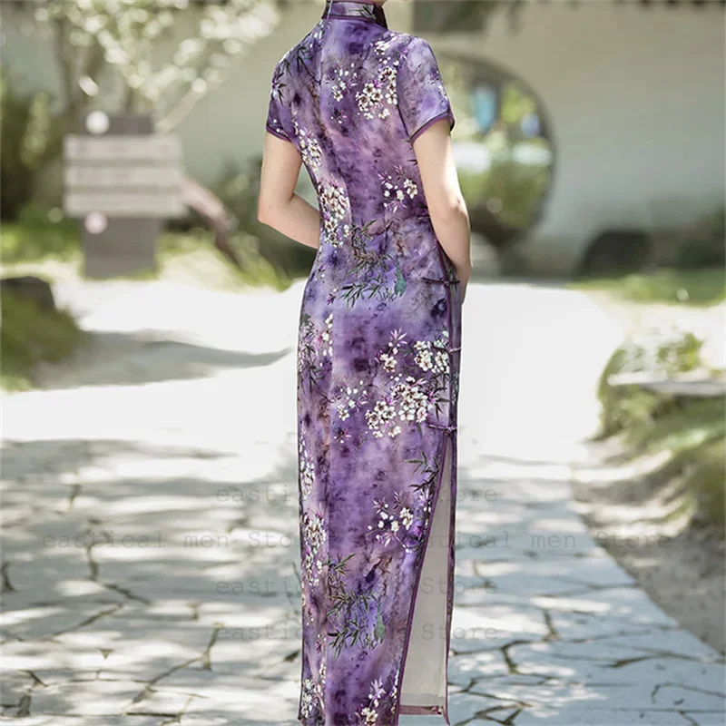 

Purple Chesongam Women Sexy Floral Print Qipao Slit Chinese Style Dress Girl Casual Streetwear Improved Mandarin Collar Vestidos