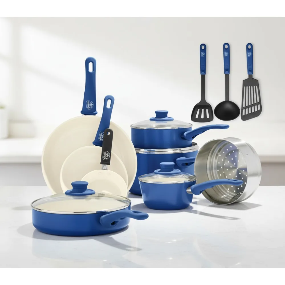 

16-Piece Ceramic Nonstick Cookware Set, PFAS-Free, Dishwasher Safe, Blue - Perfect for Family Cooking