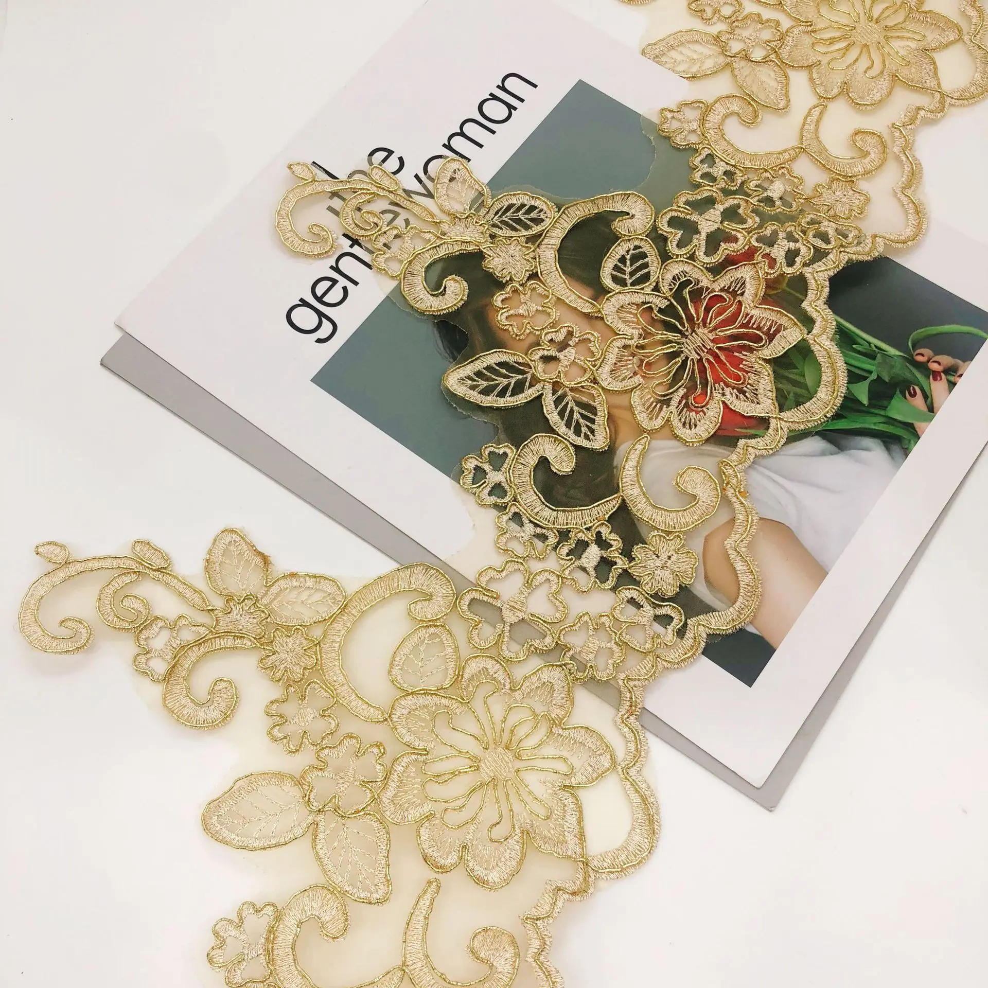 1 Yard Gold Embroidered Lace Fabric For Wedding Dress Diy Apparel Appliqued Champagne Gold Lace Trims Scalloped Bridal Sashes