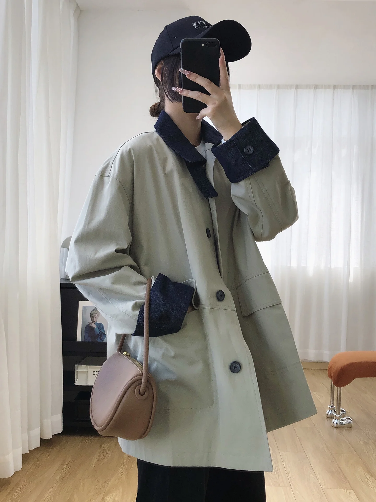 

Barn Sle Color Blo Denim Workwear Coat Women's Autumn Top Long Sve Loose Fit Commute Pure Color Cotton 00%