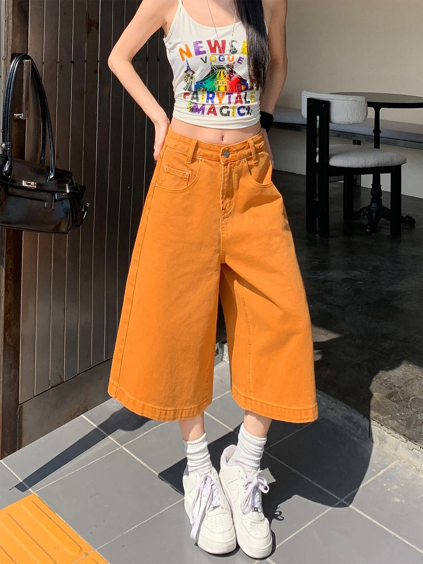 

Summer New plus Size Washed Orange Loose Vintage Slim Wide Leg Seven Inch Denim Jeans Women's Loose Fit Natural Waist High Waist