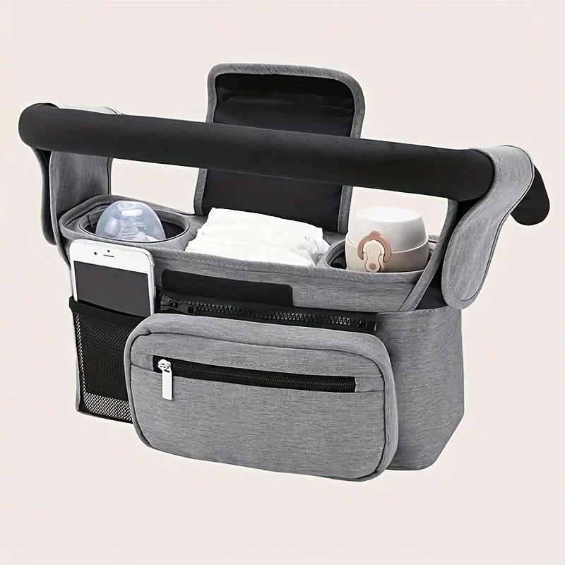Large Multi Compartment Stroller Storage Bag Durable Oxford Cloth Organizer with Mesh Pocket Phone Holder Cup Slots for Stroller