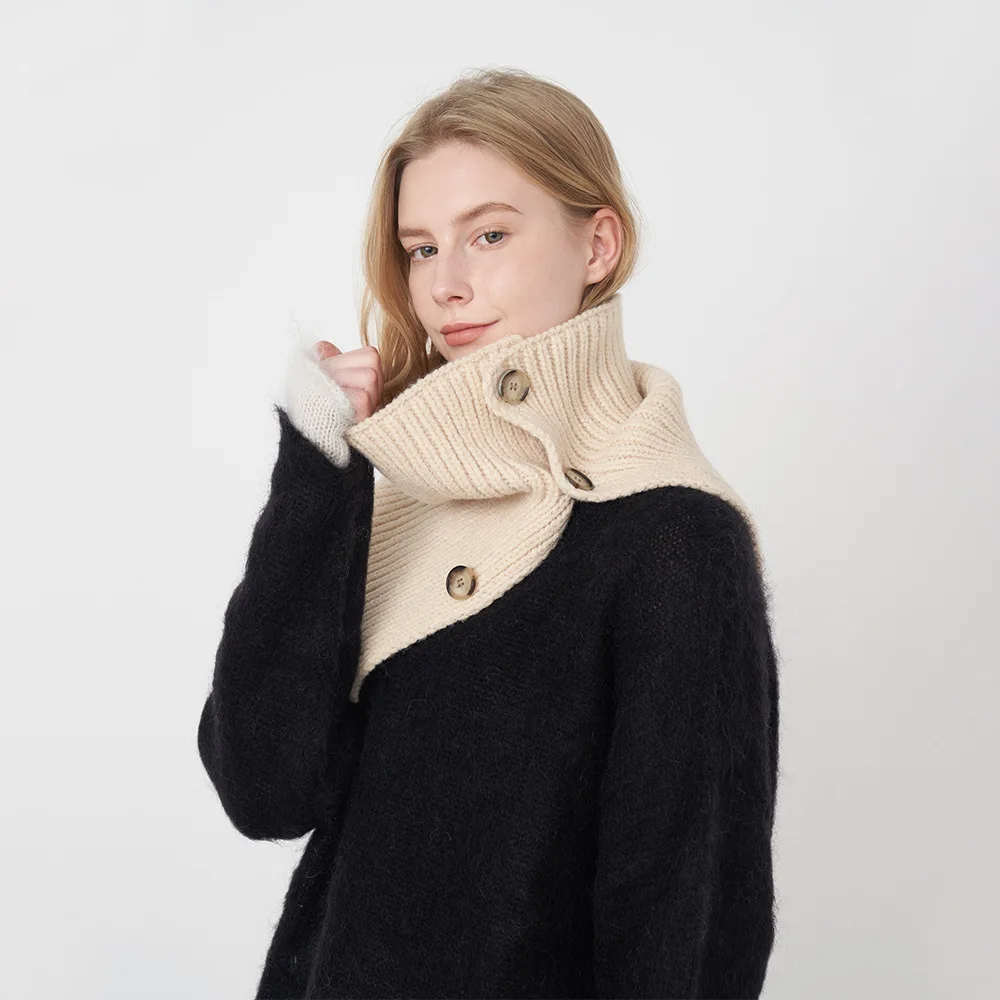 

Вязаный шерстяной шарф с воротником, женский однотонный шарф на пуговицы с высоким воротником, шаль в Корейском стиле для девочек, уличный ветрозащитный теплый шарф, снуд