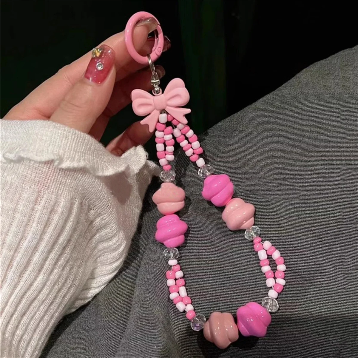 Y2k Sweet Cute Pink Bowknot Mobile Strap Phone Chains Lady Pearl Chain Phone Pendant Charm Key Anti-Lost Lanyard Pendant Jewelry