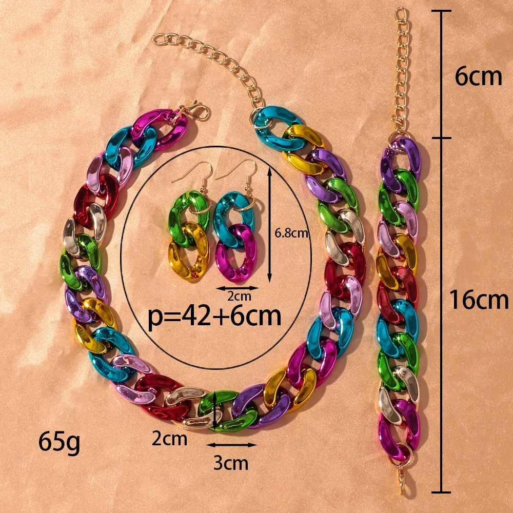 4pcs/Set Acrylic Cuban Chain Necklace for Women Metallic color Link Statement Earrings Bracelet Choker Vintage Jewelry Sets Gift
