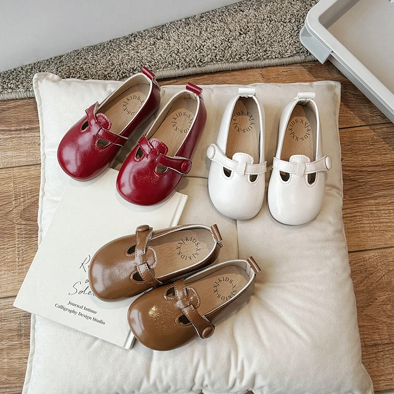 Toddler Girls Casual Flats Baby Kids Soft PU Leather Mary Jane Shoes Child Chic T-Strap Vintage Princess Shoes Red Beige Camel