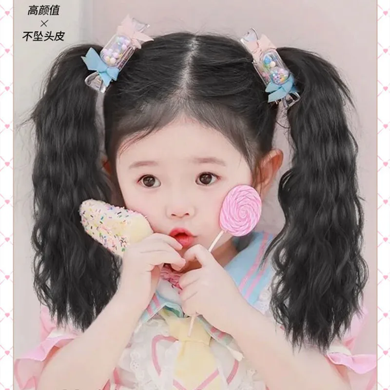 Cute Plait Kids Ponytail Wig Girl Strappy Long Curly Hair Pigtails Baby Corn Perm Chemical Fiber Double Ponytail Fake Braids