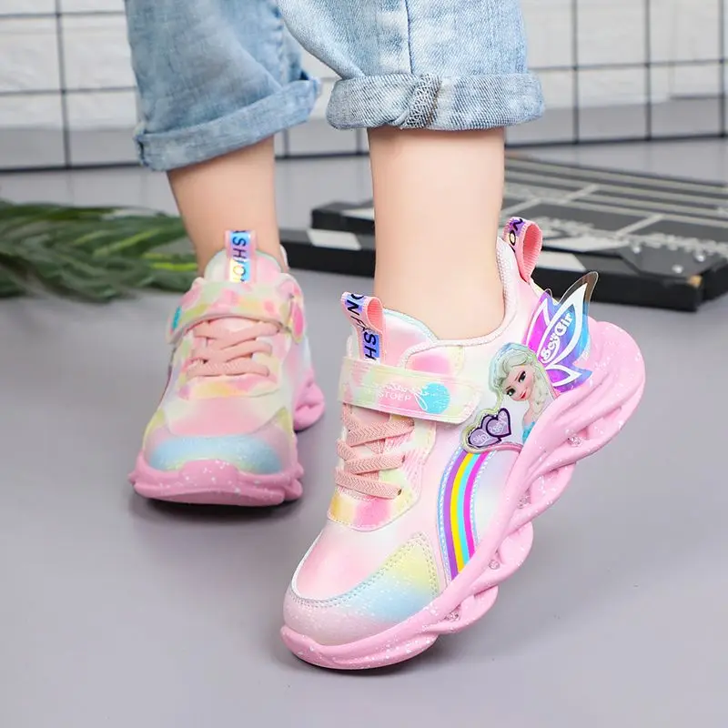 Disney Girls\' Shoes LED Lights Spring Mesh Breathable Girls\' Sports Princess Elsa Pink Purple Shoes Sneakers Size 22-37