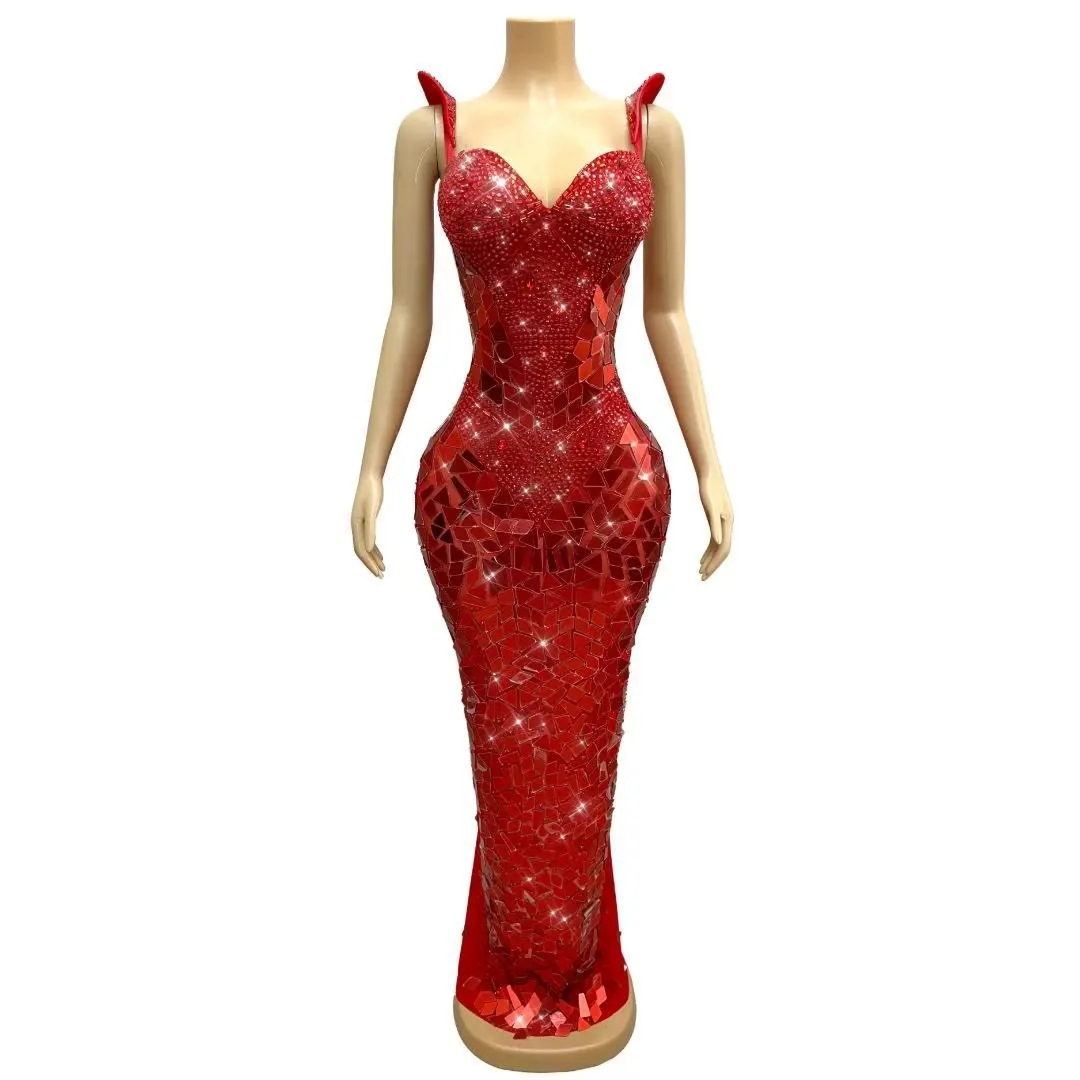 

Sexy Red Gold Sparkly Rhinestones Mirrors Suspenders Dress Birthday Party Elegant Gowns Red carpet Show Photoshoot Stage Wear
