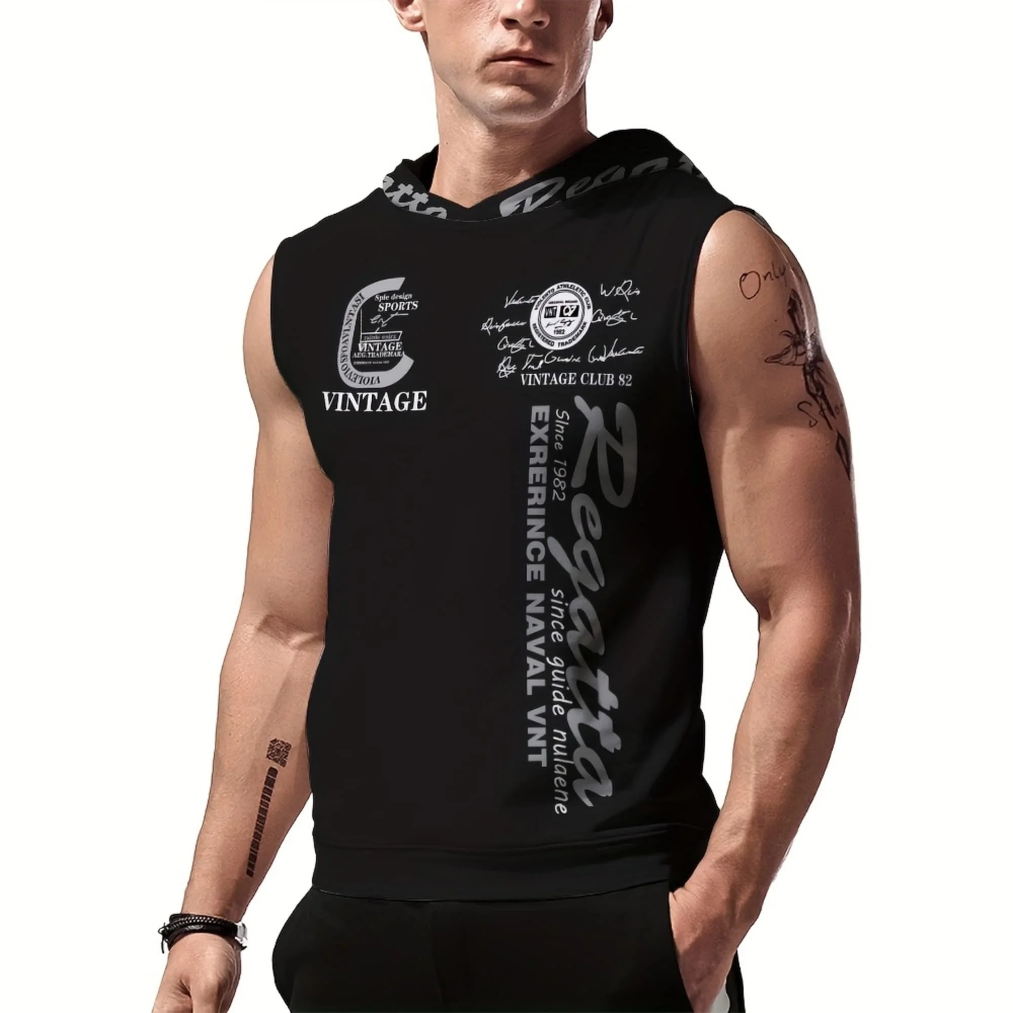 Herren Locker Sitzendes Kapuzen-Tanktop mit 3D-Digital-Buchstabendruck, Schnelltrocknendes Atmungsaktives Ärmelloses Hoodie für Wandern, Workout und Outdoor-Sport – Detail 3