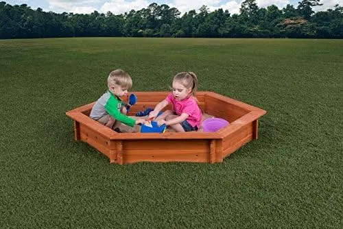Hexagon Wooden Sandbox w Seat Boards | Eco-Friendly Cover & Ground Liner | 59" x 51" x 9" | 3/4" Cedar Boards | Easy DIY Assembl