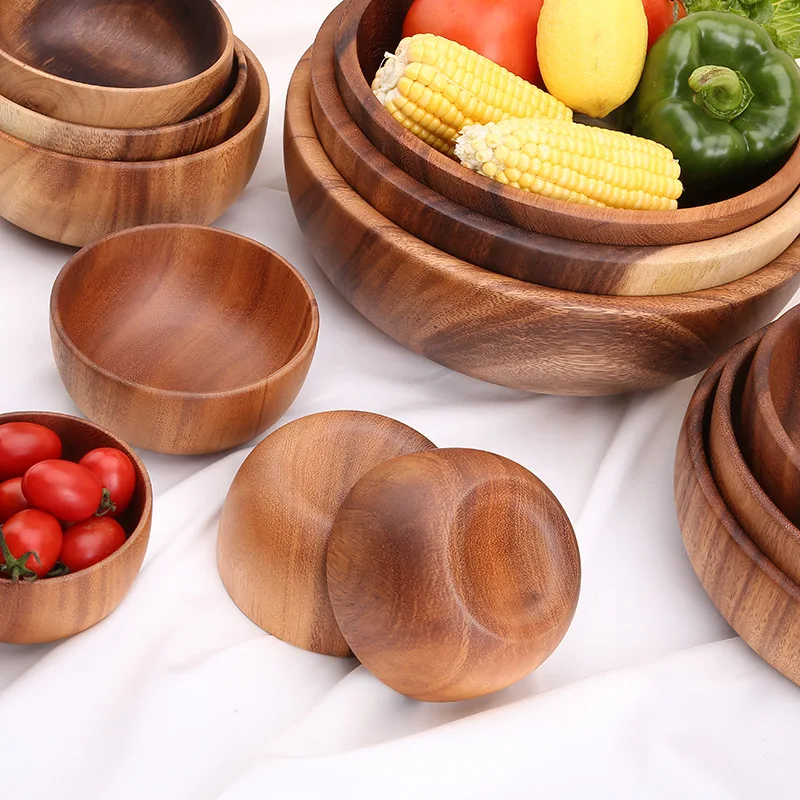 Food Containers Acacia woodensoup bowl Fruit Wooden Household Kitchen Bowl Cutlery Basin Fruit Bowl Salad Bowl Storage woodbowl