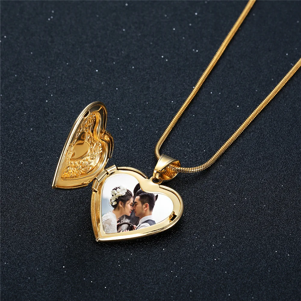 

High End Love Heart Photo Locket Pendant Necklace Stainless Steel Snake Chain Gold Color Memory DIY Openable Jewelry For Women