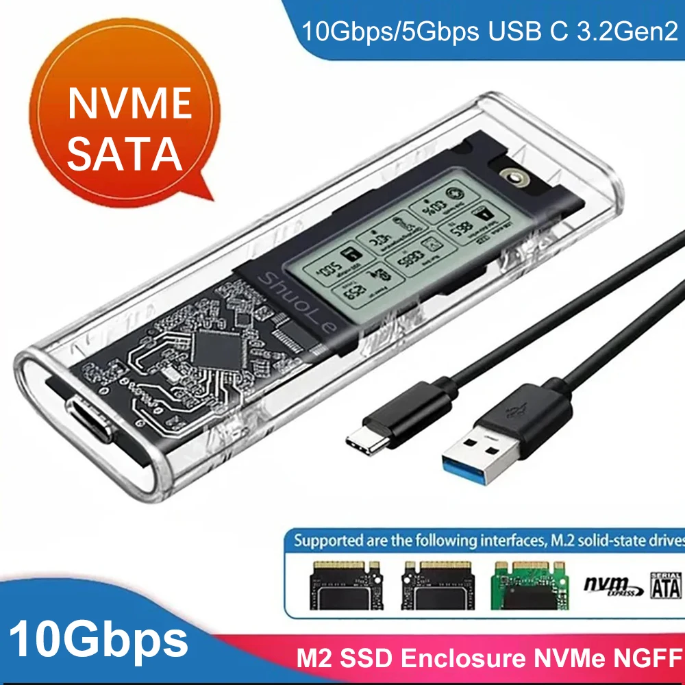 M.2 SSD Enclosure NVME/NGFF Dual Protocol Solid State Drive Case Intelligent Digital Health Detection USB C 3.2Gen2 Adapter