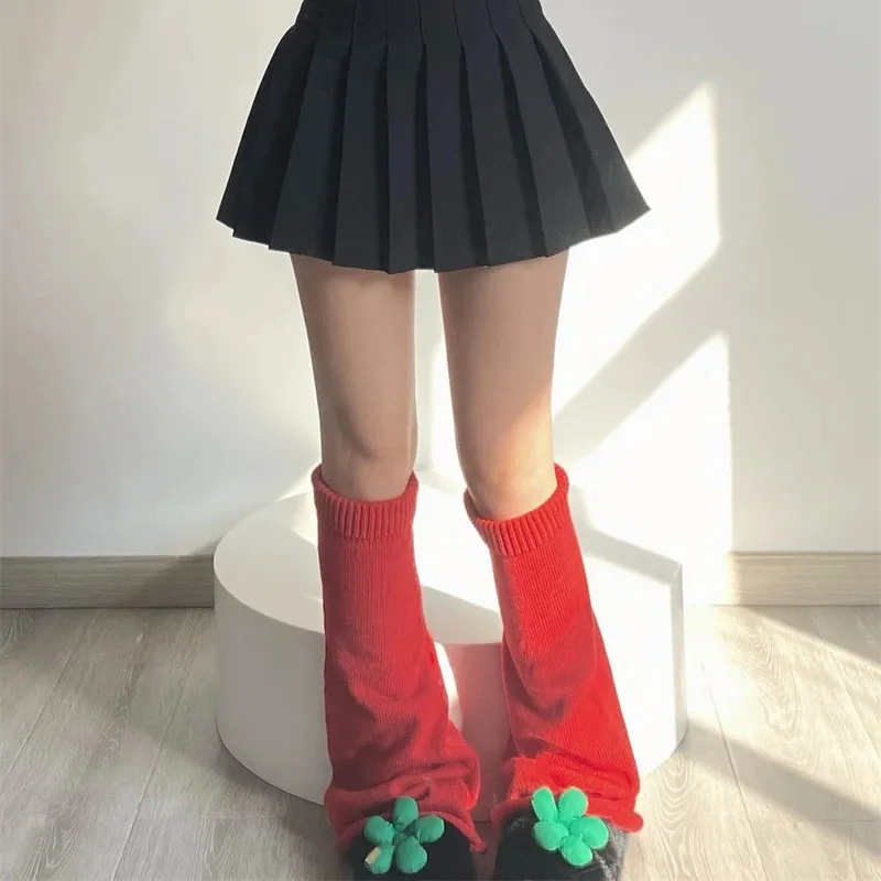 المرأة الأحمر تدفئة الساق طويلة محبوك غطاء للقدم موضة الشتاء طماق الجوارب اليابانية Y2K التمهيد الأصفاد تأثيري اكسسوارات