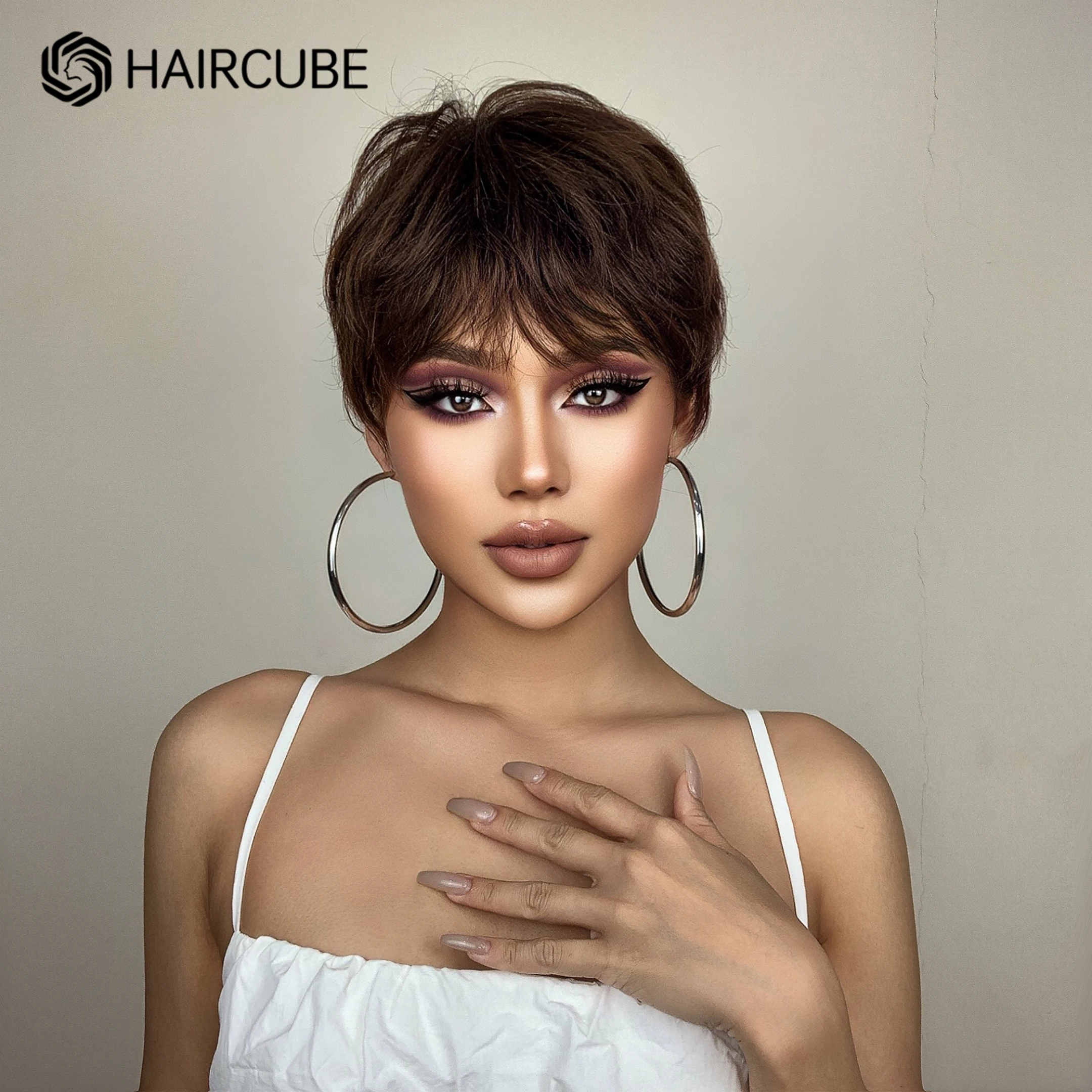 HAIRCUBE Pixie Cắt Tóc Tóc Giả Dành Cho Nữ Ngắn Màu Nâu Đen Lượn Sóng Tóc Giả Có Lông Tơ Nổ Tự Nhiên Chocolate Nâu sử Dụng Hàng Ngày