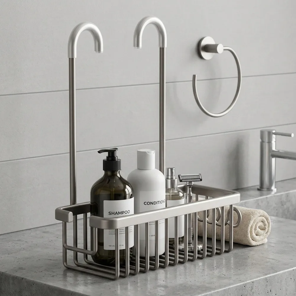 Shower Shelf for Hanging Shower Basket with Aluminum Build No-Drill Mount and Optimized Layout for Common Shower Products