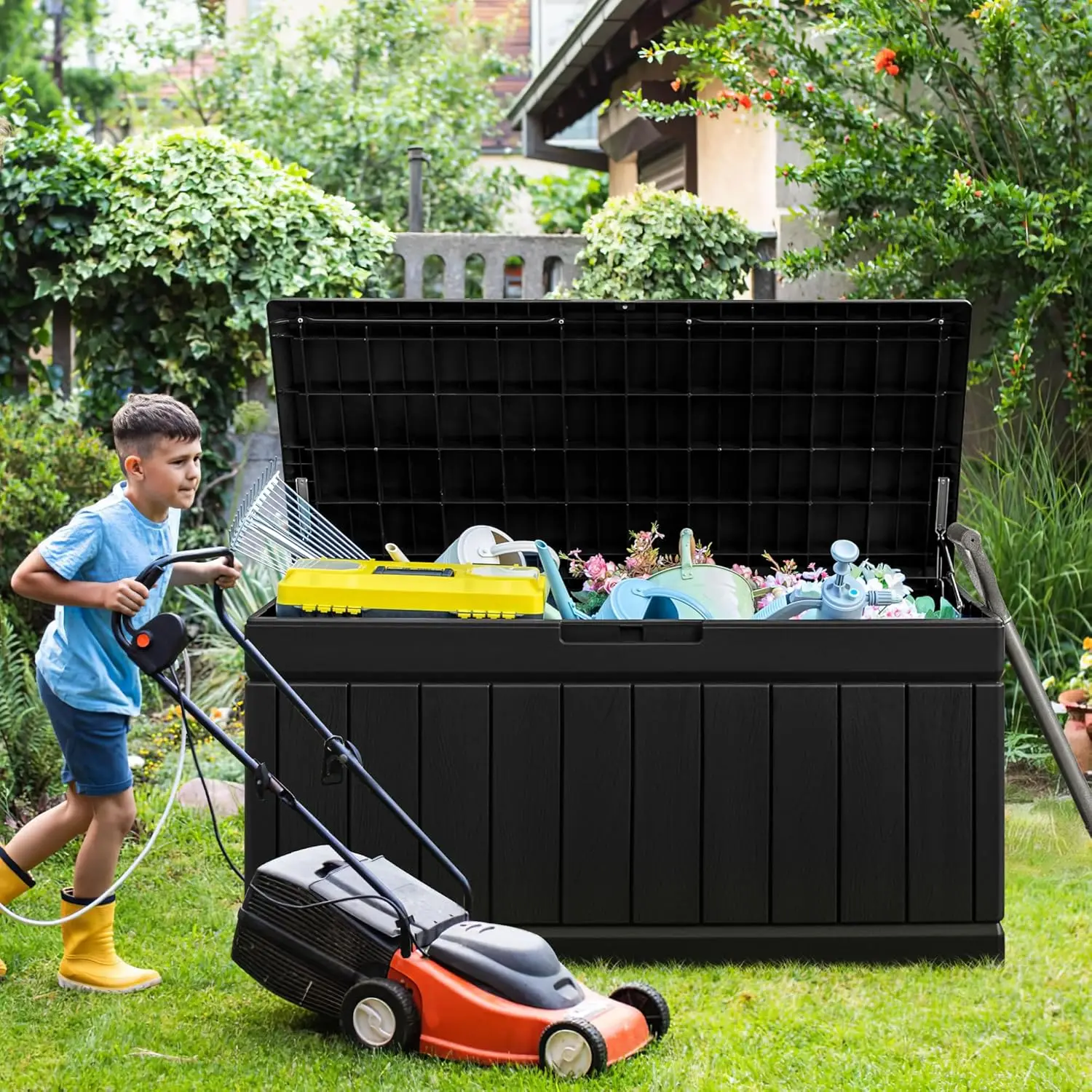 82 Gallon Resin Deck Box Large Outdoor Storage for Patio Furniture Garden Tools Pool Supplies Weatherproof UV Resistant Lockable