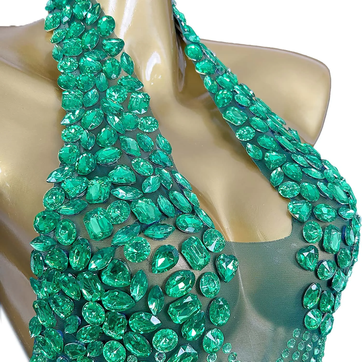 Meilv-vestido de noche con espalda descubierta para mujer, traje de fiesta de cumpleaños con diamantes de imitación verdes transparentes, ropa de escenario corta para cantante