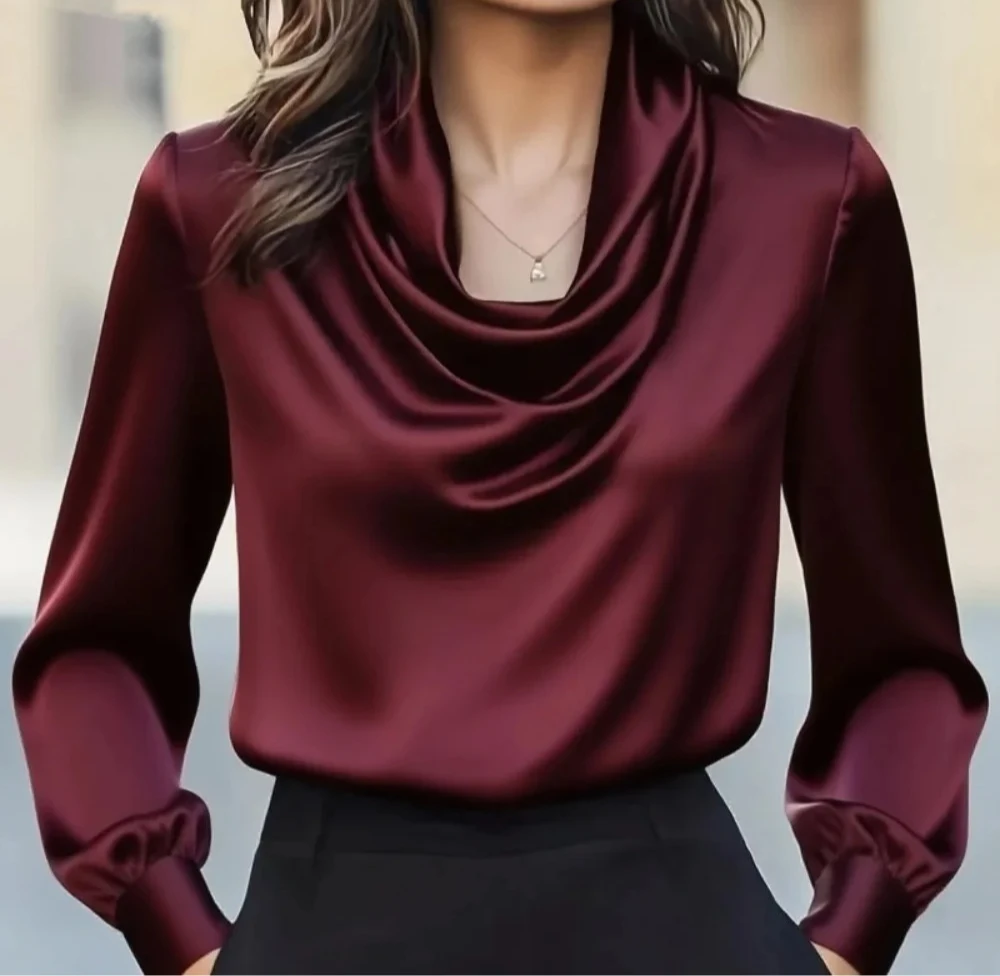 

Autumn fashion elegant temperament solid colour simple swing collar long-sleeved shirt women
