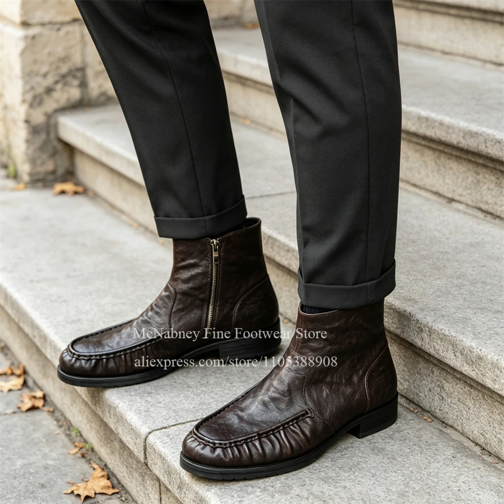 Distressed Wrinkled Leather Side Zip Ankle Boots Men Retro Luxury Gentlemen Dress Boots Business Office Handmade Formal Boots