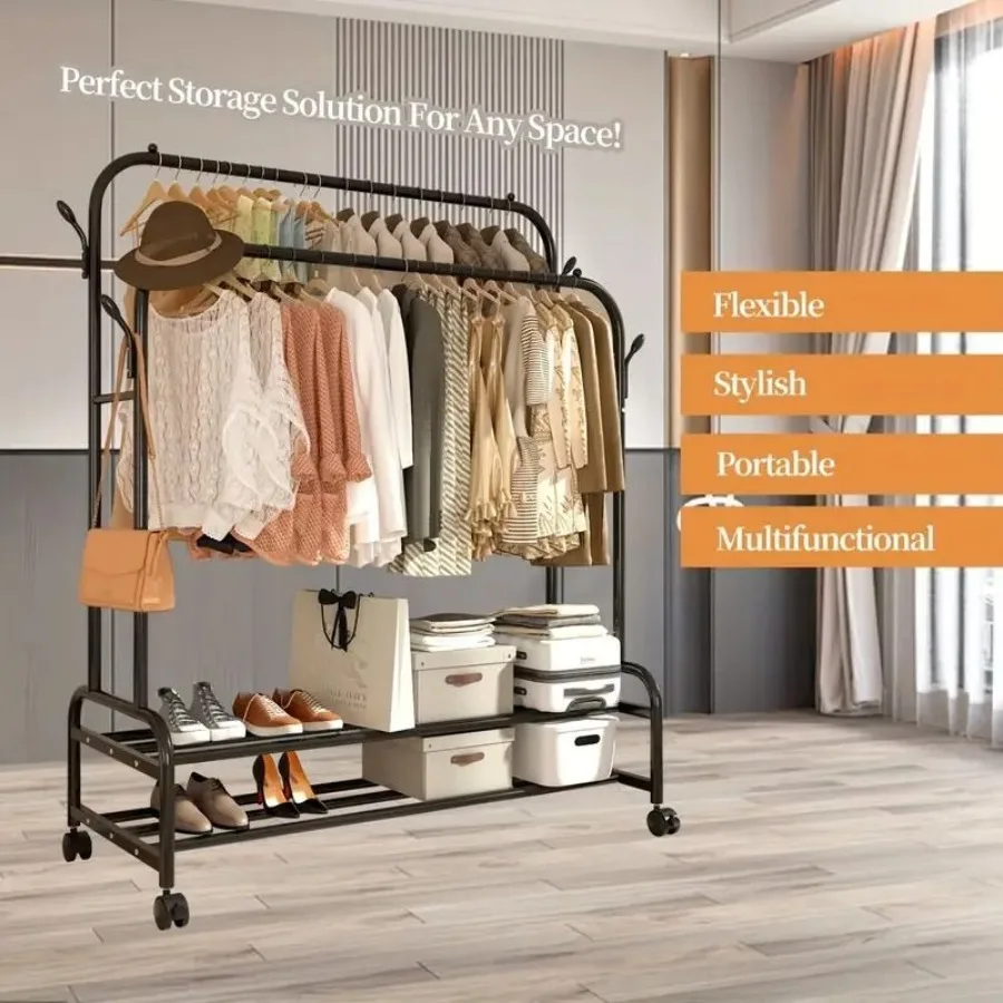 

HeavyDuty Rolling Metal Garment Rack with Dual Bars Portable Clothes Hanger w Shelves Hooks MultiFunctional Wardrobe Organizer