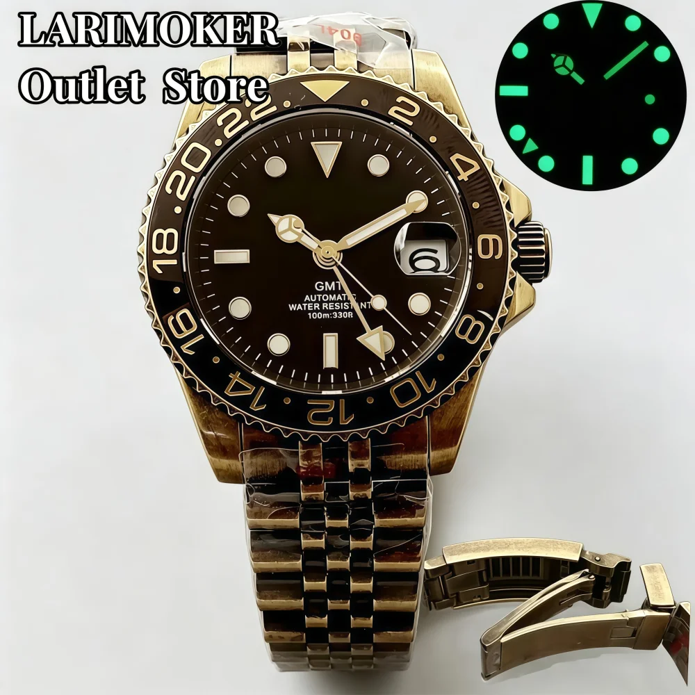 LARIMOKER 40mm Men's Watch Bronze Coating Sapphire Crystal NH34(GMT) Automatic Movement Luminous Black Dial 100M Water Resistant