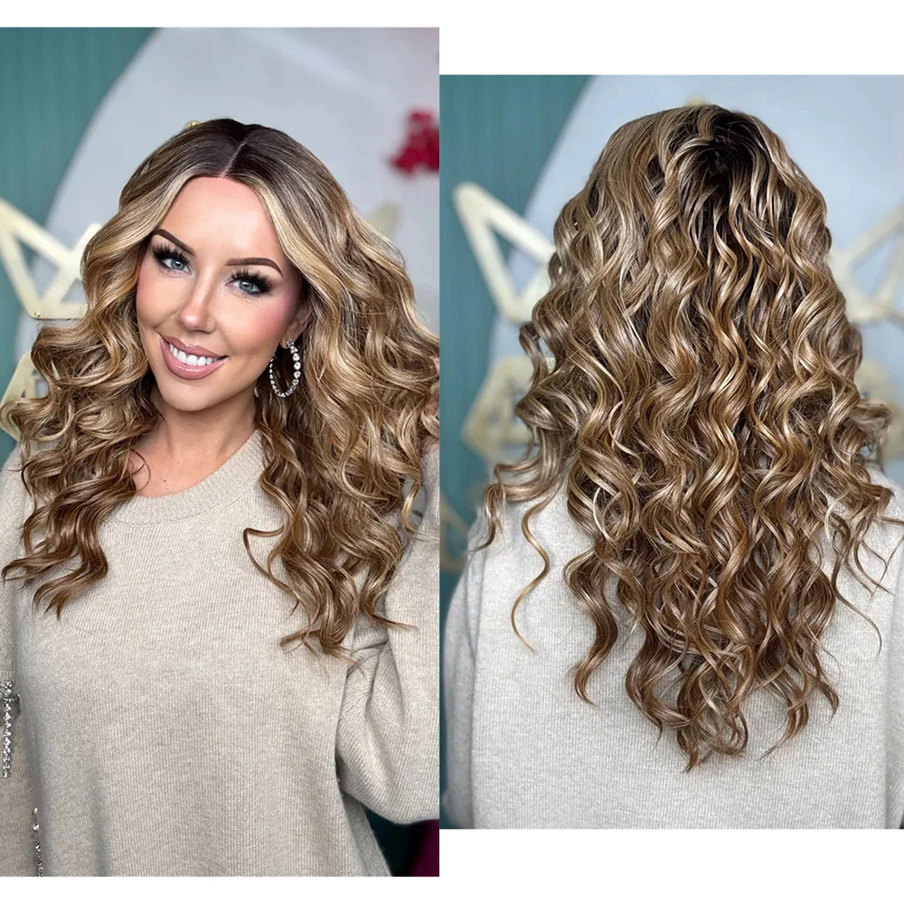 

High Quality Synthetic Wig Soft Champagne Blonde with Subtle Honey Highlights Lace Front Wig for Women Long Curly Wave Daily Use