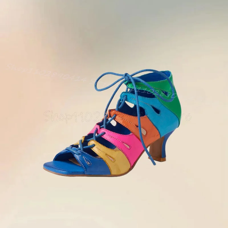 

Multi Color Hollow Design Open Toe Sandals Boots Cross Tied Women Shoes Thin High Heels Fashion Party 2025 Zapatos Para Mujere