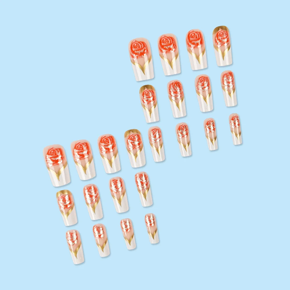 24Pcs White French Fake Nails with Glitter Rose Pattern Press on False Nails Gold Edge Line Design Artificial Nail Tips Art Long