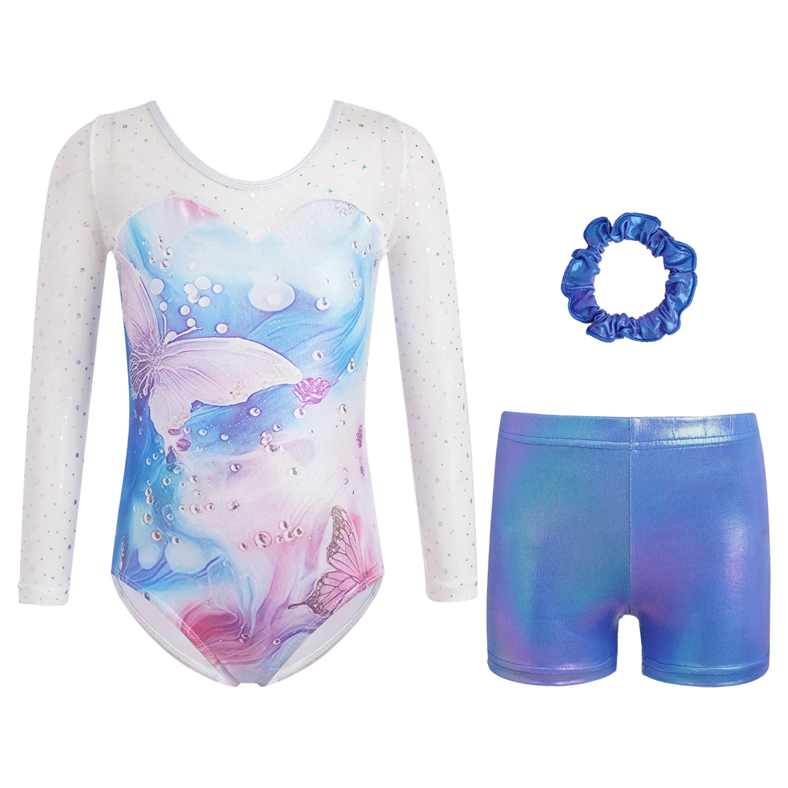 

Girls Gymnastics Ballet Dance Outfit Long-sleeve Mesh Patchwork Stylish Print Metallic Lyrical Dance Leotard+Shots+Hairband Set