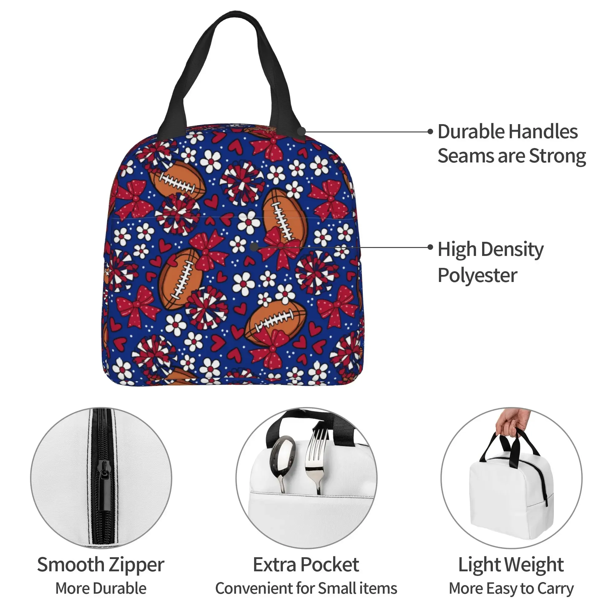 Rugby Union Cheer Bows Football  Lunch Bag Women Red And Blue Warm Cooler Insulated Lunch Box for School