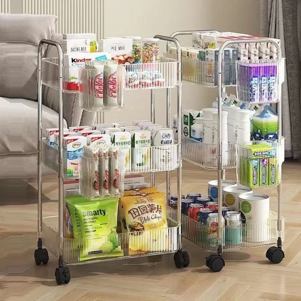 Movable Transparent Trolleys Storage Rack Acrylic Multilayer Cart with Hanging Basket Bathroom Storage Makeup Snack Organizer