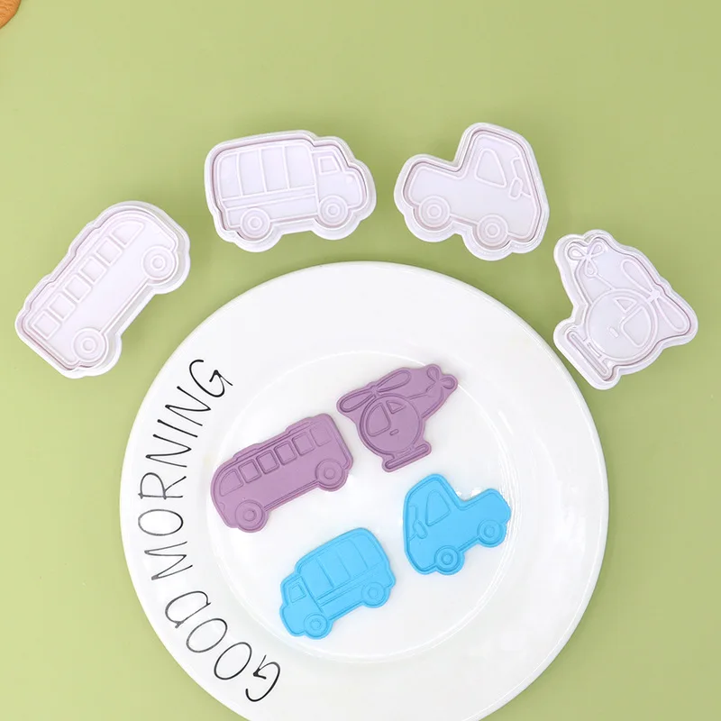 New 3D 4pcs Car Vehicle Bus Cookie Stamp Press Type Frosting Biscuit Cutter Cake Mold Baking Tool Mould Fondant Muffin Chocolate