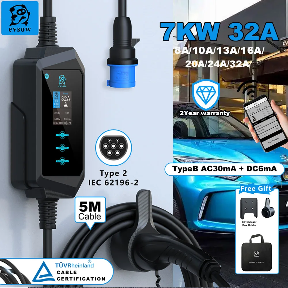 Evsow 7KW EV Charger Type2 IEC62196-2 พร้อม WIFI APP ควบคุม 32A 1P ไฟฟ้า Car Charger ปรับ Current & ชุด Charger เวลา 5M