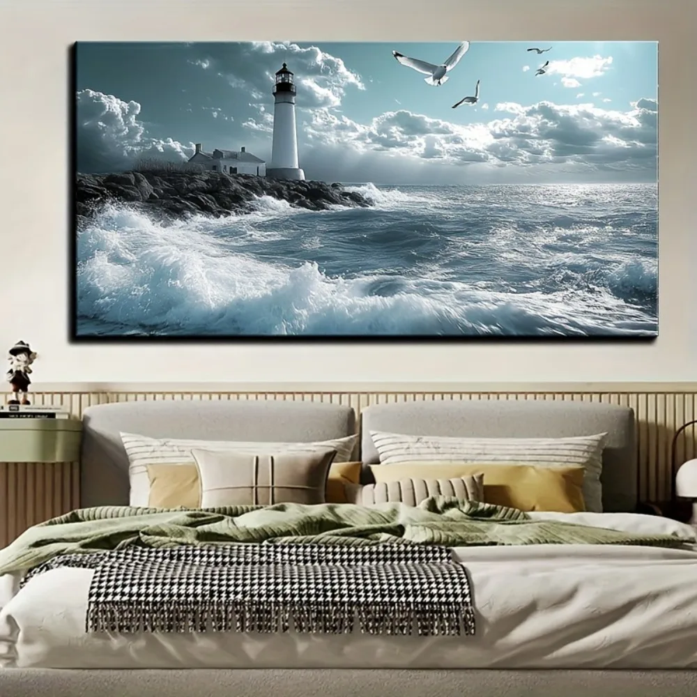 لوحة فنية جدارية على الشاطئ لديكور المحيط، فن موجة زرقاء على شكل سحابة نورس فاتحة، إطار من خشب الصنوبر الصلب بسمك 1.5 بوصة، مناسبة للديكور الداخلي