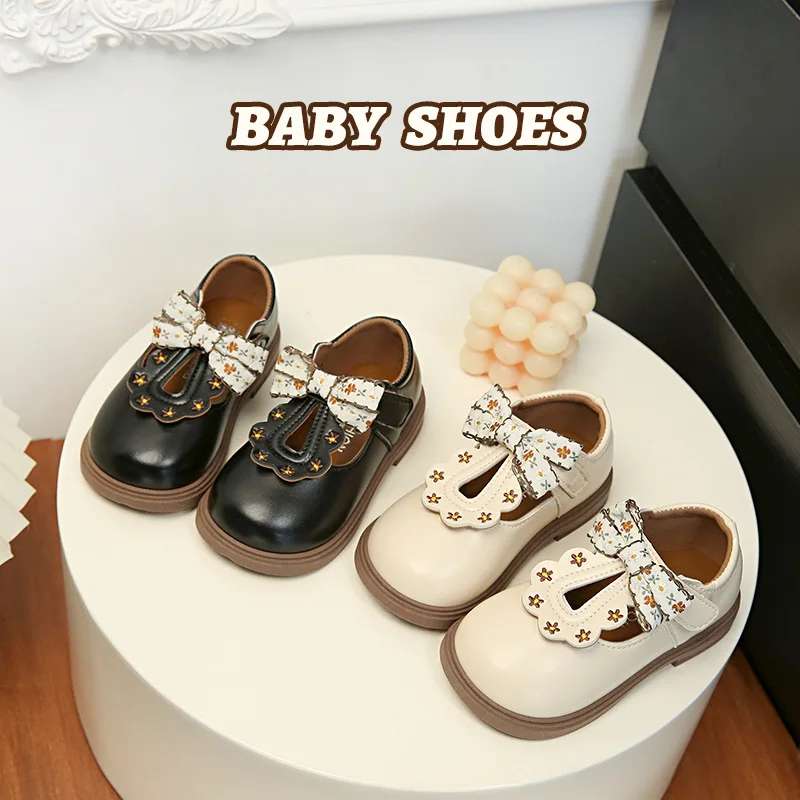 

Удобные туфли принцессы с бантом для девочек, женская простая однотонная детская обувь на мягкой подошве, детская весенне-осенняя модная кожаная обувь