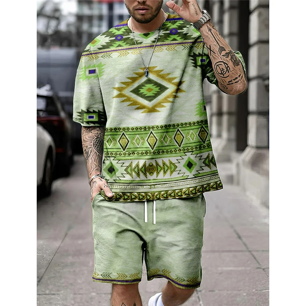 Summer Retro ethnic Style Men\'s Shorts Sets Casual T Shirts+Shorts 2PCS Outfits 3D Print Man Clothes Oversized O-Neck Sportswear