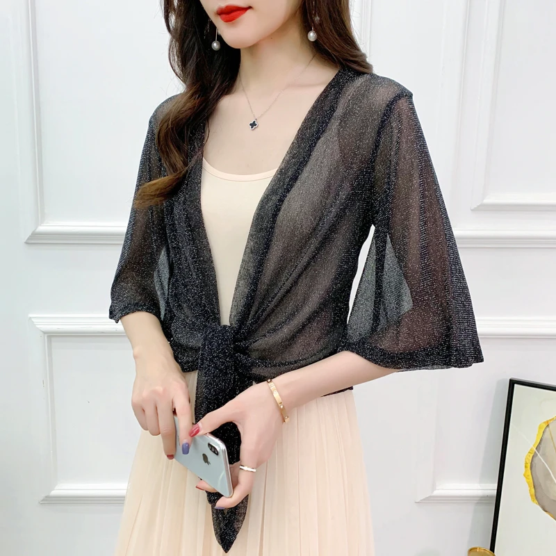 #3505 Mesh See Through Women Tops Summer Jacket Women Cardigan Kimono Jacket Half Sleeve Thin Sexy Short Jacket Sunscreen Coat