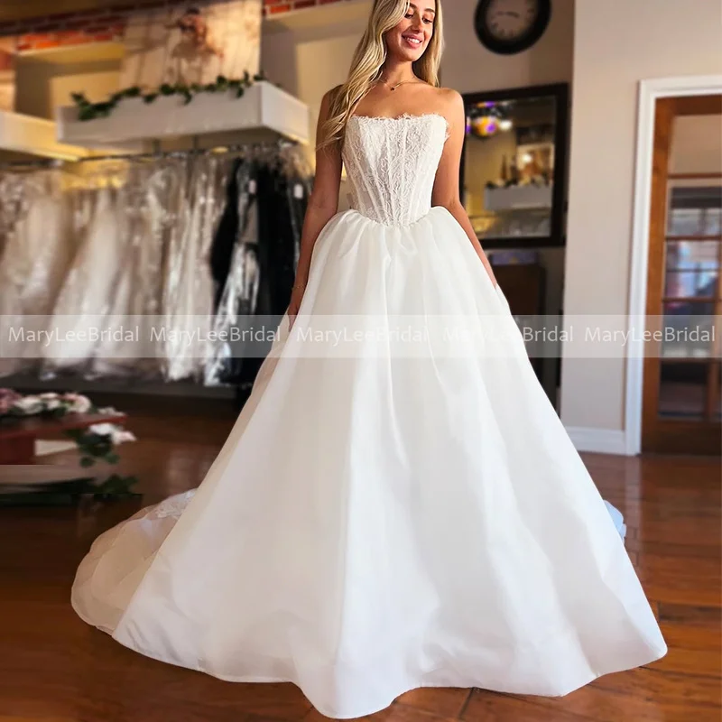 

Свадебное платье трапециевидной формы без бретелек по индивидуальному заказу, кружевной корсет с открытой косточкой, свадебные платья, атласное свадебное платье из органзы