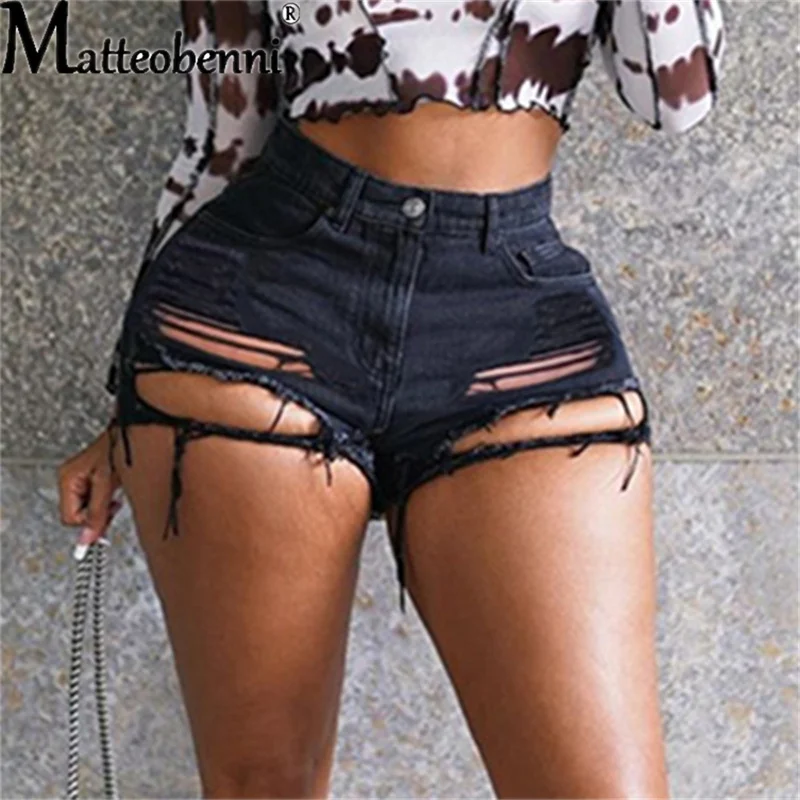 Pantalones cortos vaqueros de cintura alta para mujer, Shorts rasgados con agujeros, ropa de calle Sexy a la moda, novedad de verano 2021