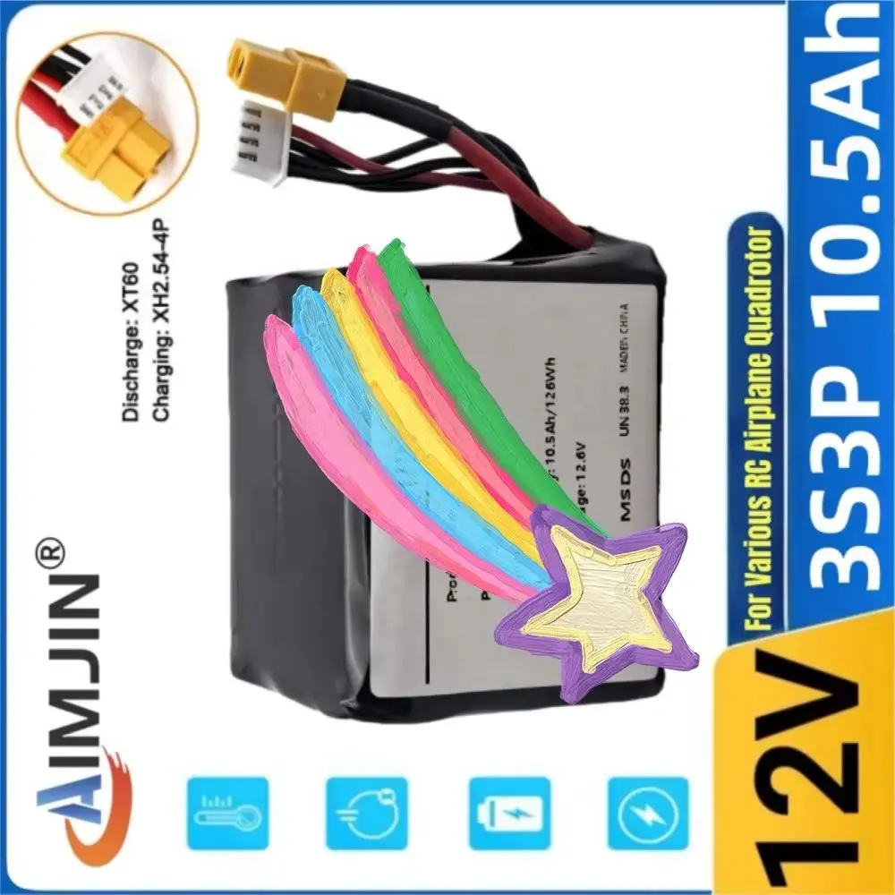 

100% New 12V 10.5Ah 3S3P High Capacity Li-ion Battery for RC Airplane Quadrotor UAV Rechargeable 12.6V Battery for Parrot Disco
