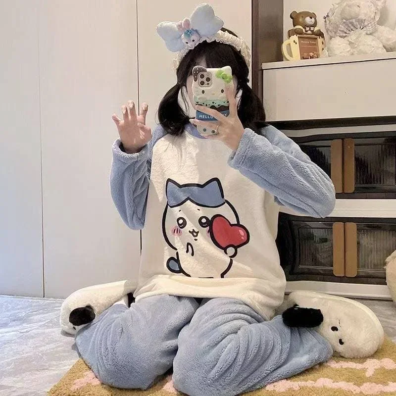 Cute Anime Usagi Pajamas Set Fleece Top Allover Cartoon Print Trousers Ladies Cozy Warm Flannel Home Sleepwear Family Matching 2