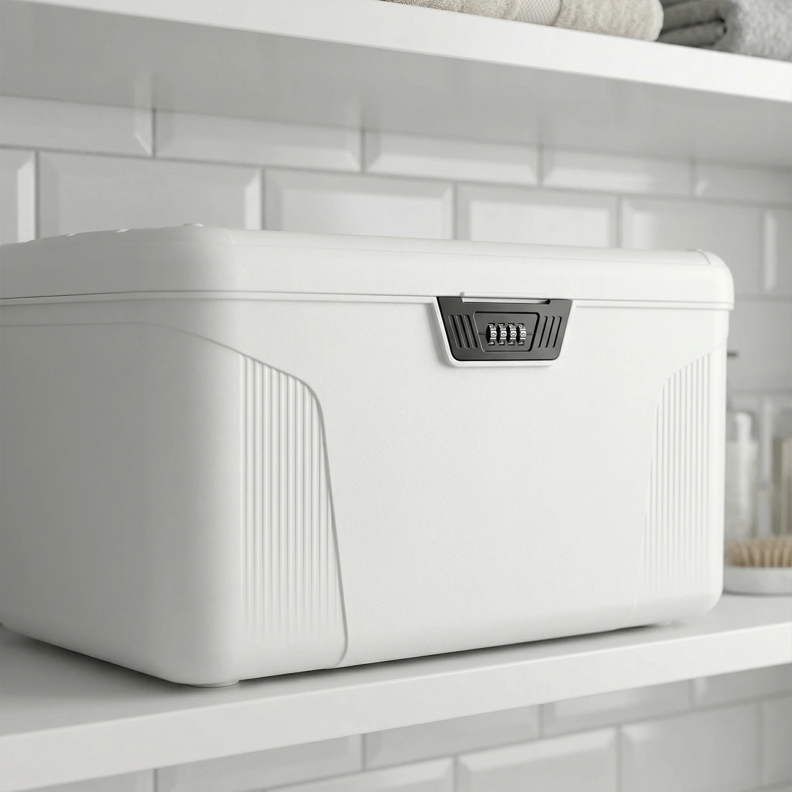 

Запираемый контейнер для хранения с кодовым замком, объем 37 л, можно использовать как органайзер для вещей или для хранения офисных документов