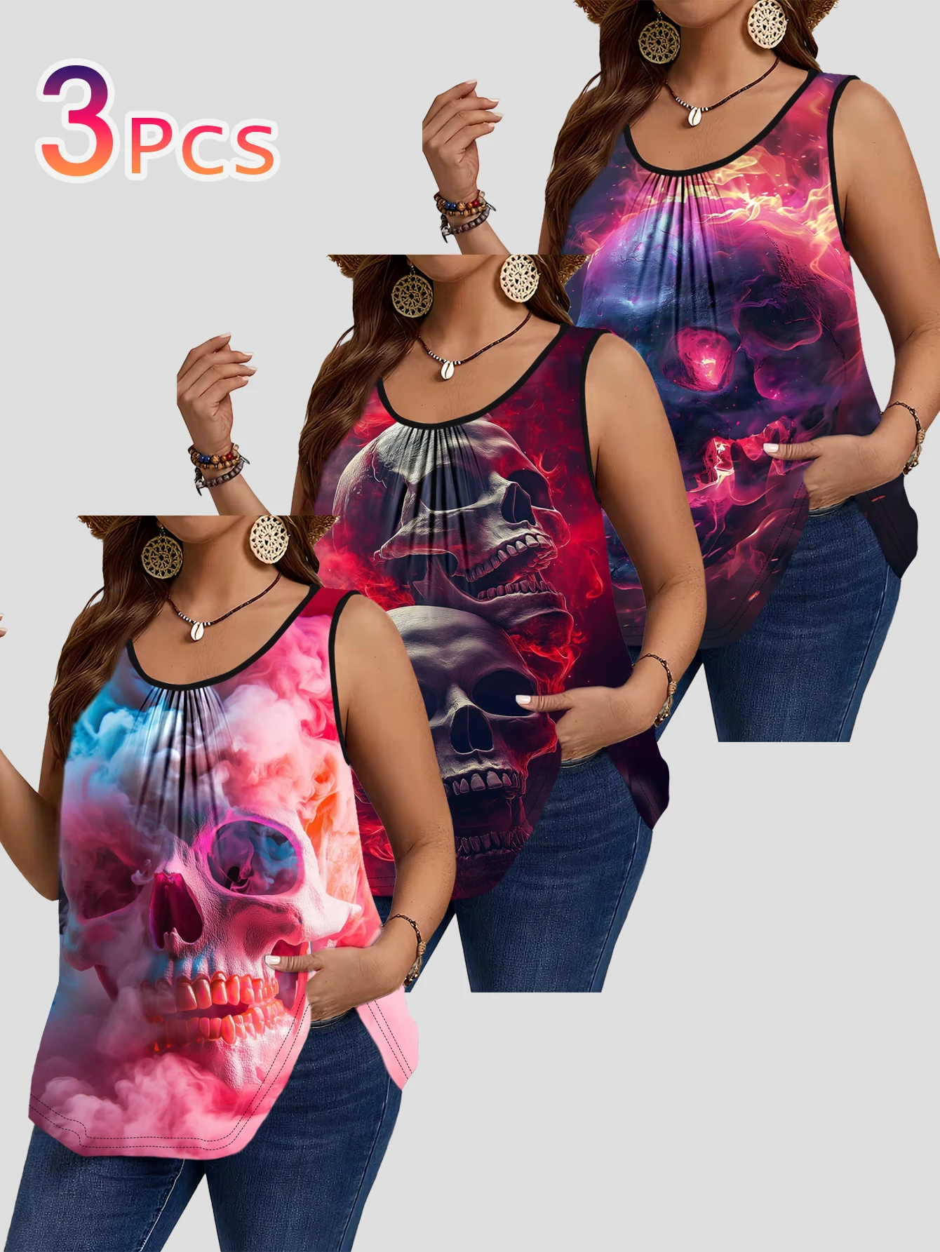 3-Piece Set of Plus-Size Sleeveless Vests｜Neon Smoke Skull Dark Art Print Loose-Fitting Round-Neck Casual Outerwear Top