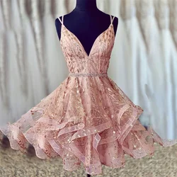 Mini robe de soirée en tulle rose lys pour femme, col en V, ligne A, bretelles spaghetti, robe de Rh