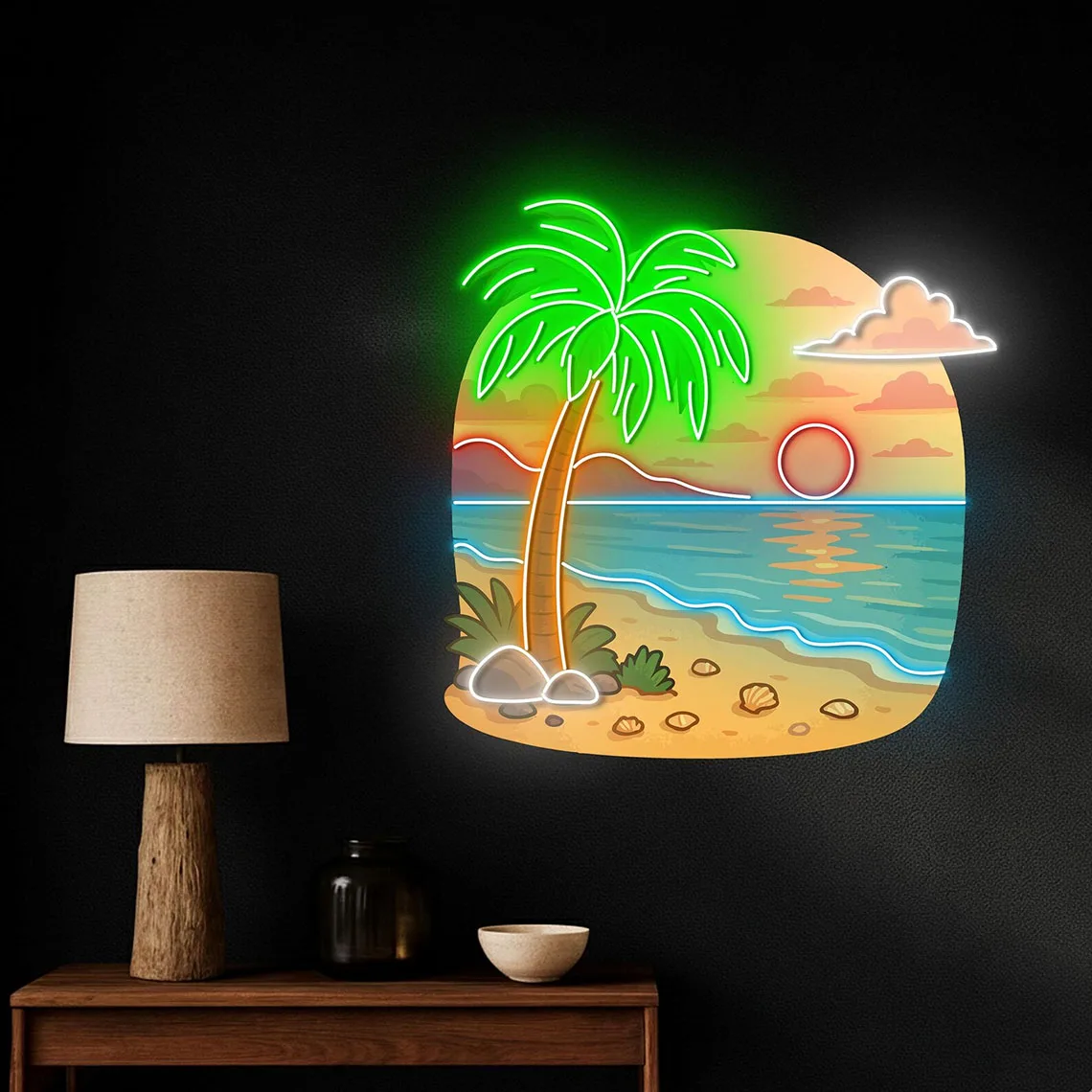 

Неоновая вывеска с пальмовым деревом, тропическая неоновая вывеска, настенное искусство с закатом океана, пляжная неоновая вывеска, настенное искусство для отдыха, свет на островной тематике, знак океанского бара