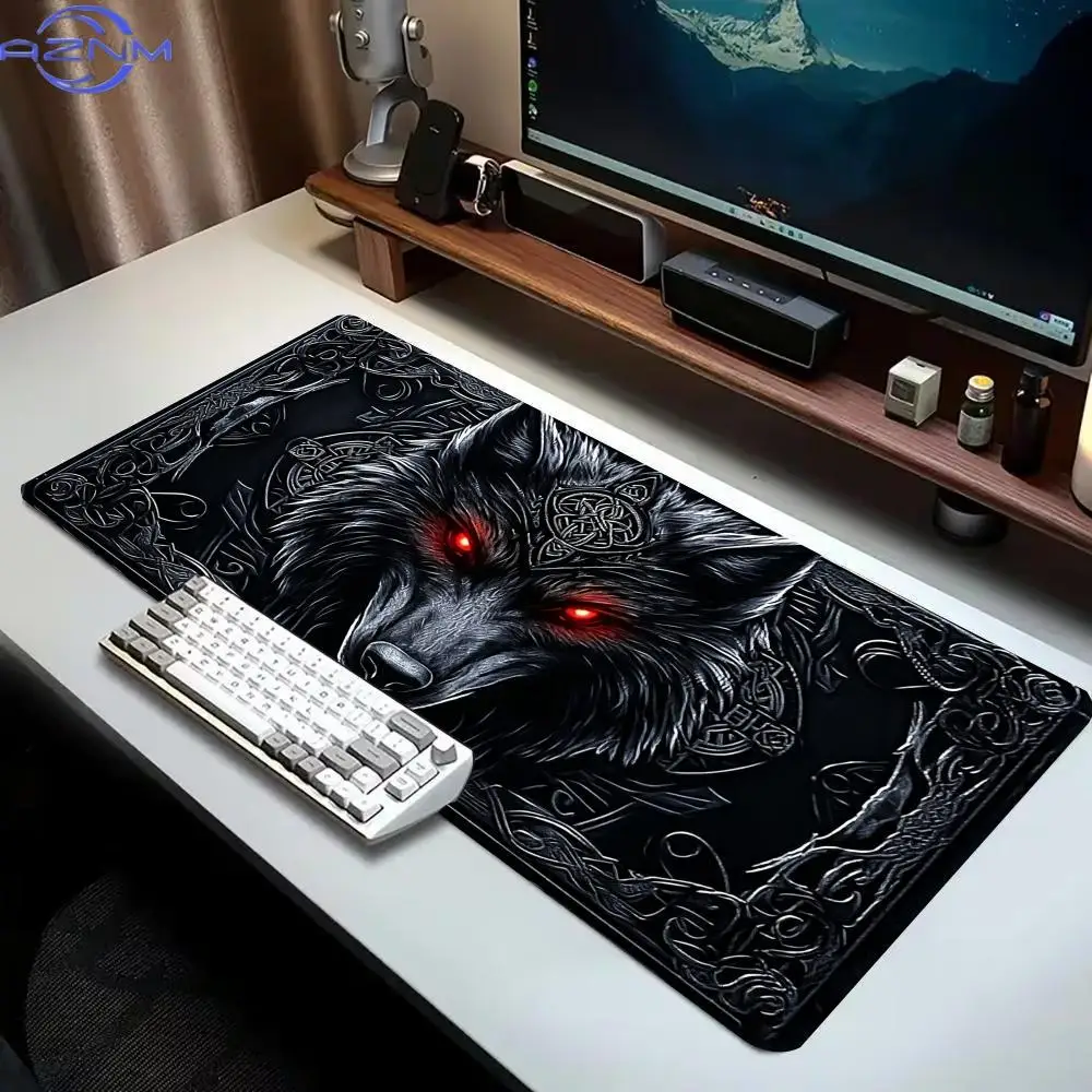 Dark Red Eye Wolf Large Gaming Mouse Pad Non Slip Rubber Keyboard Mat Stitched Edge for PC Gamer Laptop Office Workstation