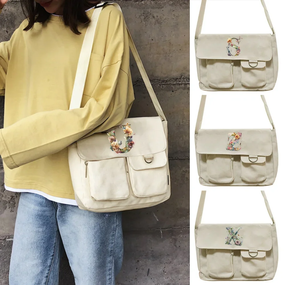New High-capacity Essential Floral Letter Printing Pattern Storage Bag Portable Outdoor Travel Minimalist Canvas Shoulder Bag